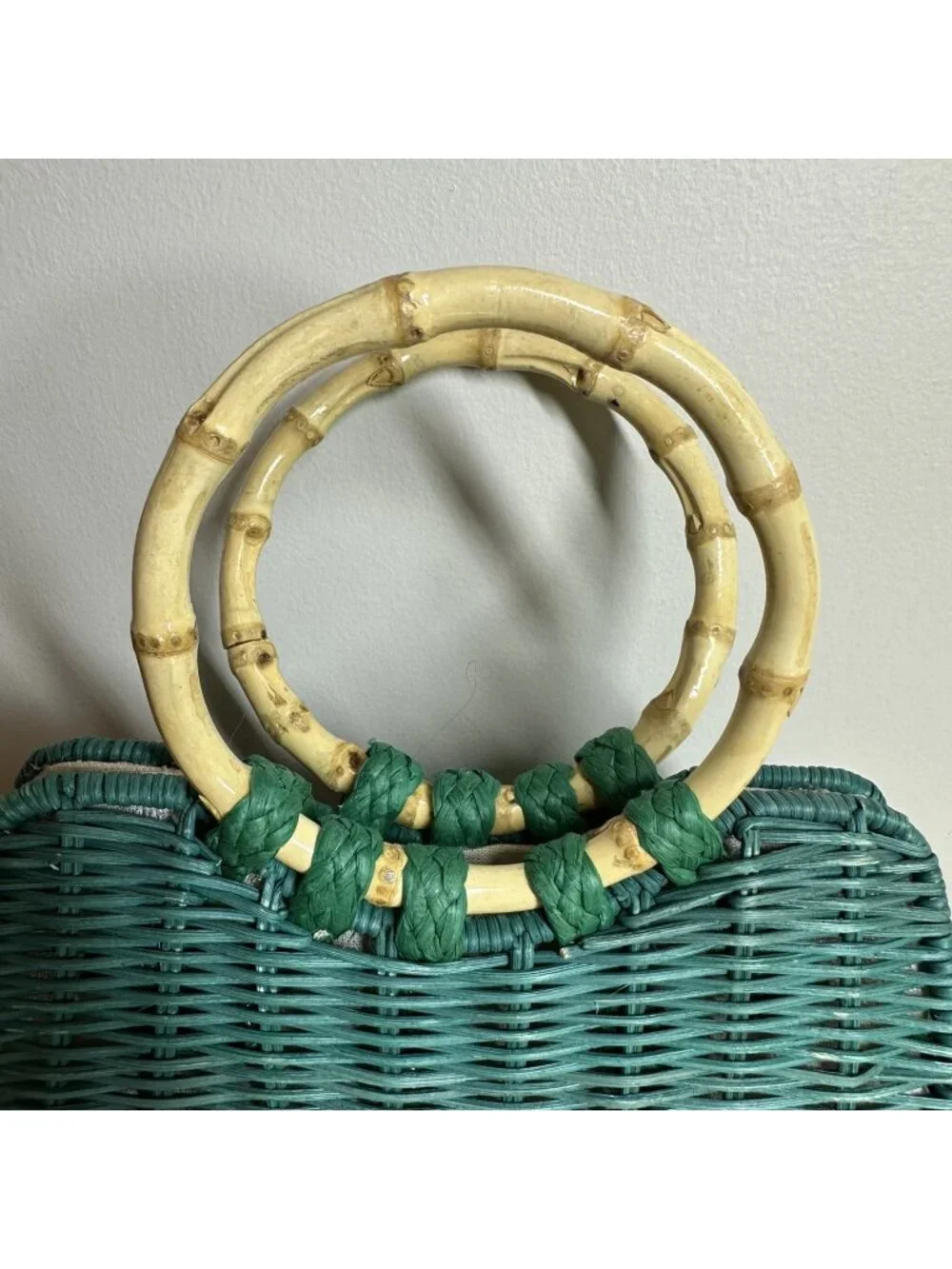 Zara Turquoise Woven Straw Tote Bamboo Ring Handles Beach Resort Handbag Boho